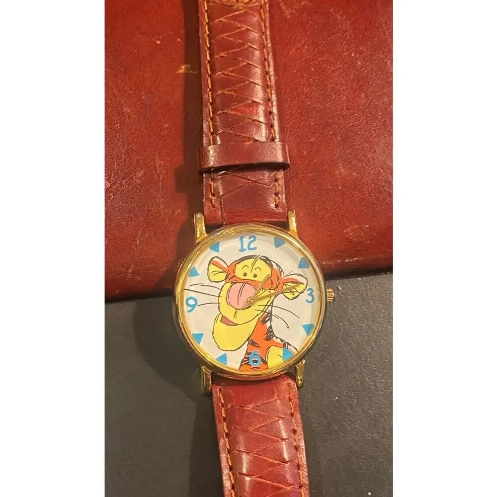 Women's 34mm Gold Tone Disney Tigger Watch by Timex, Leather Band
